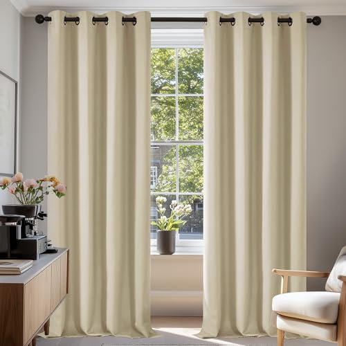 Deconovo Verdunkelungsvorhang mit Ösen für Wohnzimmer Thermogardine Kälteschutz, 220x140 cm(HöhexBreite), Beige, 2er Set