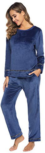 Sykooria Pigiama Donna Felpato Invernale Caldo Morbido Pigiami Due Pezzi da Donna di Pile Casa Set Lunghi Sleepwear Pantaloni Nightwear con Tasca Blu S
