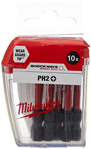 Milwaukee Punte per cacciavite Shockwave PH2 da 50 mm, confezione da 10, 4932472048, rosso