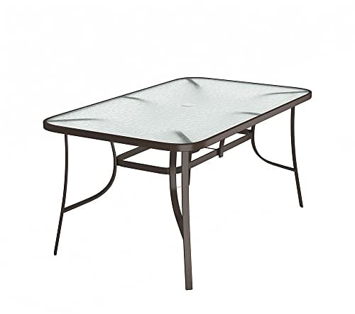 DKIEI Rectangle Outdoor Table Patio Table Garden Dining Table Steel Frame Tempered Glass Top with Umbrella Hole for Yard Bistro Lawn Balcony, Brown, 150x90x72cm