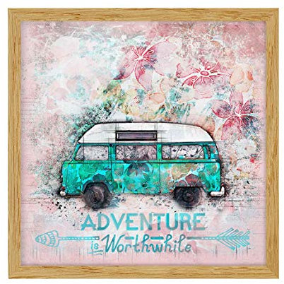 Bild Bulli Adventure Collage Pastell Quadrat 1:1 70x70cm Eiche ohne Passepart.