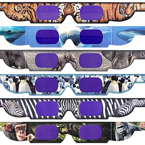 Set Tierbrillen mit Holo-Effekt! 12x HoloSpex 3D Brille aus Pappe: Fledermaus, Schmetterling, Krokodil, Delfin, Elefant, Giraffe, Pinguin, AFFE, Hai, T-Rex (Dinosaurier), Tiger, Zebra