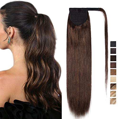 SEGO Ponytail Pferdeschwanz Haarteil Echthaar Zopf Extensions Haarverlängerung Clip in Pony Remy Hair Piece Mittelbraun #4 45.72 cm (90 g)
