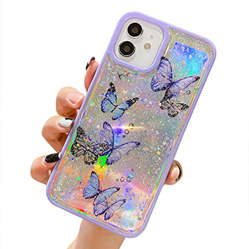 Sitthyw iPhone 13 Pro Max Butterfly Design Glitter Star Transparent Protective Case Ultra Thin Back Cover Purple Butterflies Phone Case for iPhone 13 Pro Max for Girls