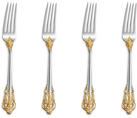 KEAWELL Luxuriöse 15 cm große Vorspeisengabeln, 18/10 Edelstahl, 4 Stück, wunderschöne Cocktailgabeln/Dessertgabeln (Goldakzent)
