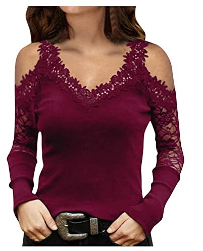 ORANDESIGNE Chemisier Sexy Femme Tunique Haut Manches Longues Évidé Top Automne Blouse Dentelle Chemisier Col V T-Shirt Chic L Vin Rouge XXL