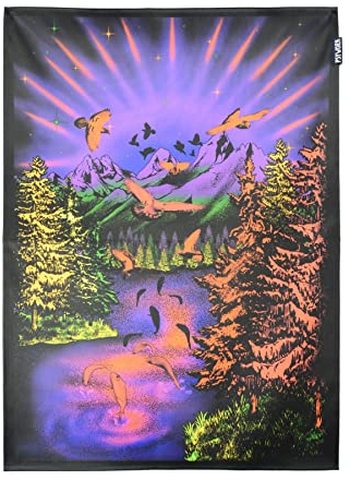 PSYWORK Schwarzlicht Stoffposter Neon | Chromadepth 3D Mountain Lake View | 0,5 x 0,7m | UV-aktiv | fluoreszierend | Wandbehang Stoffbanner Poster Wandbild Kunstdruck Dekobild Dekoration Wandteppich