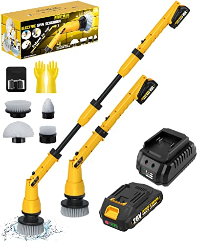 Nettoyeur rotatif électrique 1000 tr/min, brosse de nettoyage sans fil 20 V avec bras d'extension réglable, 4 têtes de nettoyage remplaçables, crochet et gants, charge rapide en 1 heure,