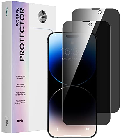BENKS Sichtschutz Panzerfolie Kompatibel mit iPhone 14 Pro [2 Stück] Sichtschutzfolie mit Schablone, Schutzfolie Panzerfolie Glas Folie Displayschutzfolie Schutzglas für iPhone 14 Pro