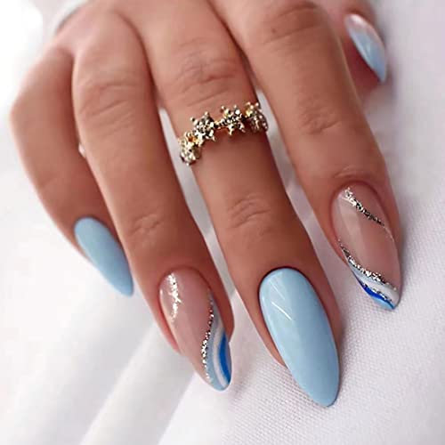 Medium Length Press on Nails 24 PCS Blue fake Nails White fake nails Silver Glitter fake nails