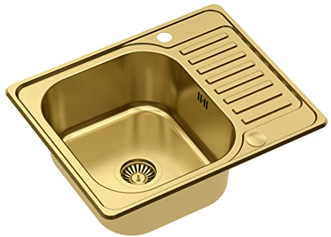 QUADRON fregadero de un seno Lavabo con escurridor | tamaño 45cm Color: Dorado | KEVIN fregadero de cocina | Escurridor incluido | Fregadero apto para armarios a partir de 45 cm | Empotrado (PVD ORO)