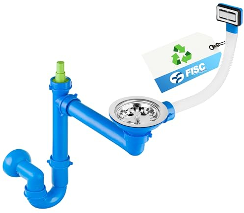 FISC Recyceltes Siphon Küchenspüle Set mit rechteckig Überlauf 3 1/2 - Siphon für Edelstahl- und Granitspülen - platzsparend Küchenspülenablauf Set - Spülbecken Ablaufgarnitur mit Überlauf rechteckig