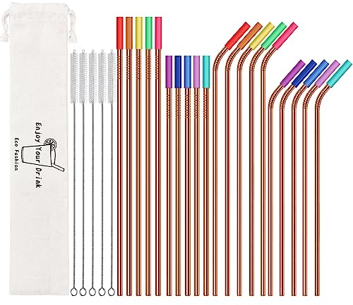 20 Pcs Rose Gold Reusable Stainless Steel Straws,10.5 & 8.5 Reusable Drinking Straws with 20 Silicone Tips 5 Straw Brushes 1 Travel Case,Eco Friendly Extra Long Metal Straw for 20 24 30 oz Tumbler
