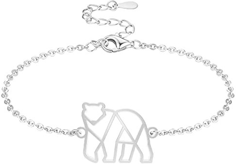 Fauna Bracelet Animal Ours Polaire Couleur Or ou Argent avec Chaîne ou Cordon Noir pour Femme, Homme ou Enfant, Résistant et Ajustable Fabriqué en France (Argent avec chaîne)
