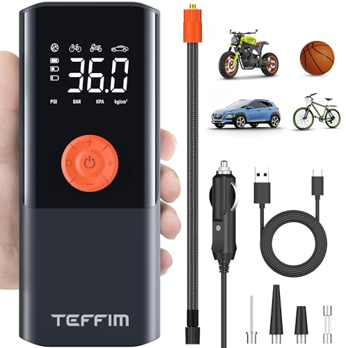 Teffim Portable Tyre Inflator Air Compressor - Car Tyre Pump Car Air Compressor with Digital Pressure Gauge - 150 PSI - Motorcycle, Electric Bike, and Bicycle Pump with LED Light (Black)