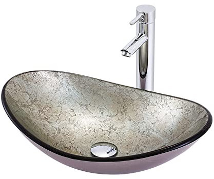 HESIEU Badezimmer-Waschbecken aus gehärtetem Deko-Glas, Aufsatz-WC-Waschbecken über der Theke, Waschtisch-Waschbecken mit Wasserfall-Wasserhahn-Set und Pop-Up-Ablauf