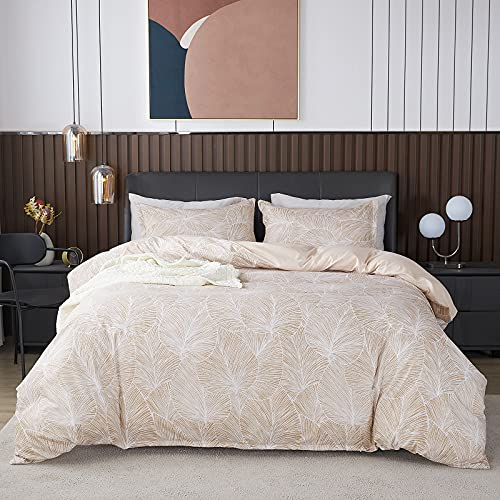 Jemiipee Blumen Bettwäsche-Set mit Tropische Palmblätter Muster, 1 x Bettbezug 200x220 cm mit 2 x Kissenbezüge 80x80 cm und Reißverschluss, Weiche 100% Mikrofaser Bettwäsche Modern, Beige