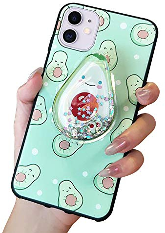 Handyhülle Kompatibel mit Apple iPhone 15 Hülle Cute Weiche Silikon Gel Kratzfest Schutzhülle mit Glitzer Flüssig Flexible TPU Interessante Ständer Cover Case für Mädchen(Avocado)