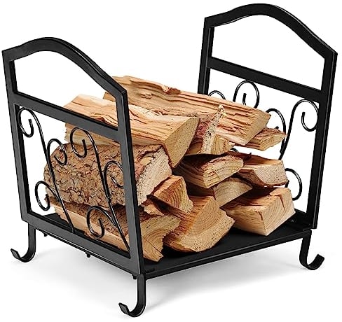 GOPLUS Estantería decorativa para leña de chimenea de metal con asas, patas elevadas y elegante patrón, para interior y exterior, soporte para leña para chimenea, barbacoa y hoguera