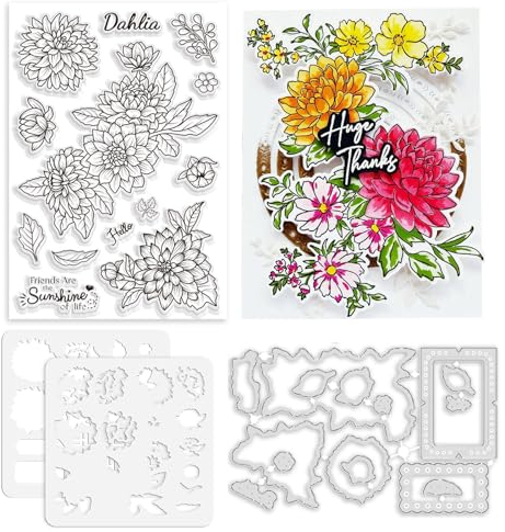 ORIGACH Realistische Frühling Dahlien Stempel und Stanzen und Schichtung Färbung Schablone Bundle für Kartenherstellung Fotoalbum Kunsthandwerk Zubehör