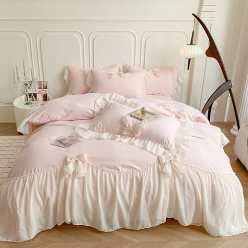 SOUKECHY Spitzen-Bettwäsche-Set für Mädchen, Queen-Size-Bett, schicker gerüschter Bettbezug mit schöner Schleife, Prinzessinnen-Stil, 1 Bettbezug mit 2 Kissenbezügen, Keine Steppdecke, Rosa,