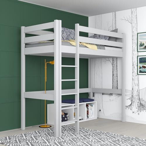 N-wood N05 Hochbett Holz 100x200 cm, Etagenbett, 2 Leitermontageseiten: Links oder rechts, sichere abgerundete Kanten, Stabile Massivholzkonstruktion, Hochwertige und umweltfreundliche Lacke, Grau