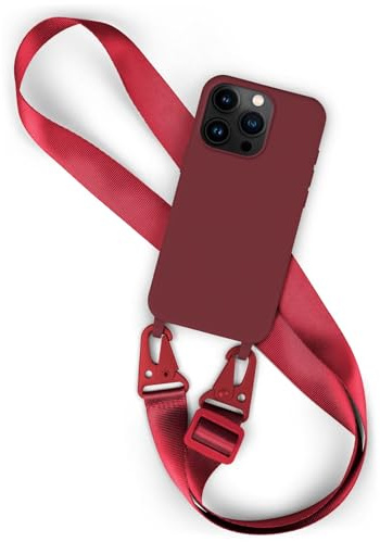moex Hover Cover für iPhone 15 Pro Handyhülle zum Umhängen mit Band, Hülle mit Handykette abnehmbar, Handyband & Karabiner Lanyard Soft Case mit Verstellbarer Kette, Weinrot