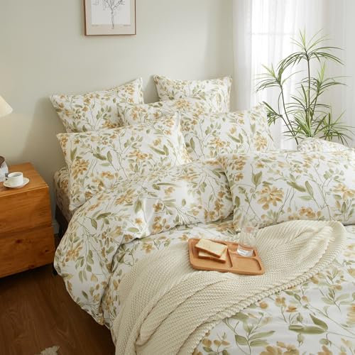 YASMENG Blumen Bettwäsche 155x220 Floral Motiv Gelb Grün Weiß Bettwäsche Blumen Aesthetic Bettbezug Set Weich Kuschelig Mikrofaser Bettwäsche 3 Teilig mit Reißverschluss und 2 Kissenbezüge 80x80 cm