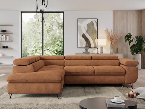 MKS MEBLE Sofa L, Wohnlandschaft L-Form mit Schlaffunktion und Bettkasten, Schlafsofa mit Bettkasten, Ecksofa, Sofa mit Einstellbare Kopfstützen, Pedro L - Orange Struktur - Links