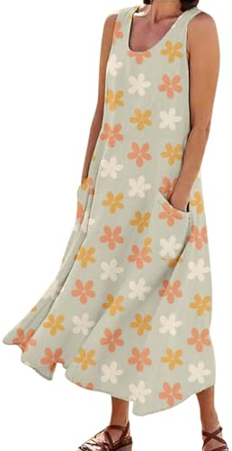 Ydsxlp Sommerkleid Damen Elegant Blumen Druck Swing Kleid Maxikleid Sommer Rundhalsausschnitt Ärmelloses Tank Kleid Oversize Strandkleider Locker Freizeitkleid mit Taschen(F Gelb,5XL)