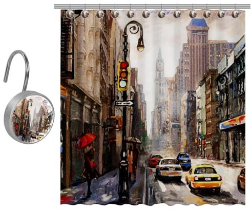 VAPOKF Rideau de douche en polyester avec 12 crochets en acier inoxydable pour salle de bain Motif rue de New York City 182 x 182 cm