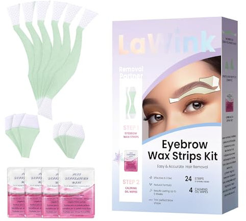 LaWink Strisce per ceretta Strisce Depilatorie Viso,24 Strisce, 4 Salviette Lenitive con Olio, per Depilazione Sopracciglia e Labbro,Sopracciglia, labbra,pretagliato