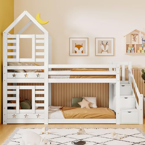 Bunk Bed for Kids and Teenagers, 3ft Twin Sleeper Loft Bed with Stairs and Storage Space, Children Cabin Bed Double Bed Frame with Window and Roof, Solid Pine Wood House Loft Bed, White, 190x90 cm