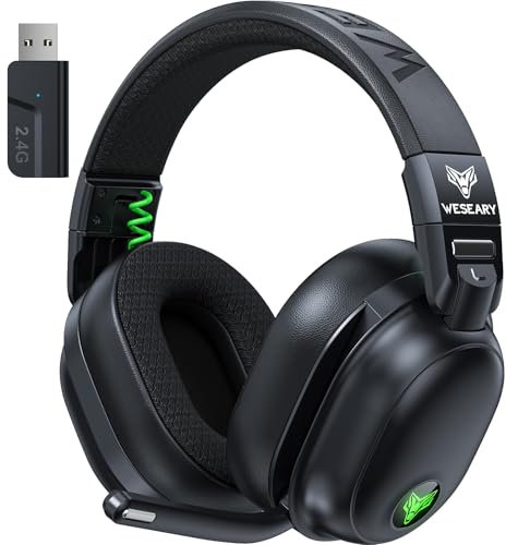 WESEARY WG3 Cuffie Gaming Wireless, 2,4 GHz Cuffie Gaming con Microfono per PS5, PS4, PC, Switch, Mac, Mobile, Cuffie Gaming con Stereo, Cuffie Bluetooth Over Ear con Luce LED, Batteria da 50 Ore