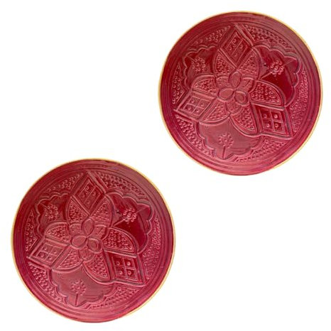 Service Or 12 carats Assiettes Gravées Céramique Dorure- Ø 18cm - Artisanat de Luxe - Table de Fêtes - Noël - Ramadan (Rouge, Lot de 2 Assiettes)