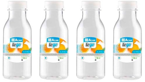 Acan Tradineur - Pack de 4 botellas de plástico con tapón de rosca, reutilizables y reciclables, agua, leche, batidos, zumos, refrescos, frigorífico, fabricadas en España (330 ml - 16 x 6 cm)