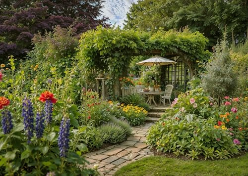 CORFOTO 3x2.5m Summer Garden Backdrop Secret Garden Floral Backdrop Wonderland Grass Florets French Garden Pavilion Photography Background Wedding Bridal Shower Photo Booth