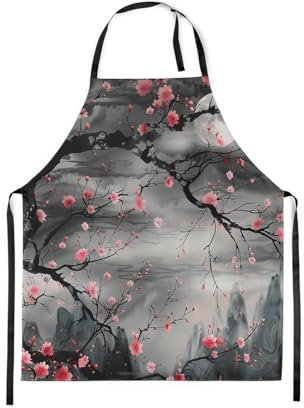 Loussiesd Kirschblüten Schürze Rauchiger Berg Kochschürze Japanischer Stil Wasserdicht Küchenschürze Kirschblüte Floral Botanical Grillschürzen Waschen Malerei