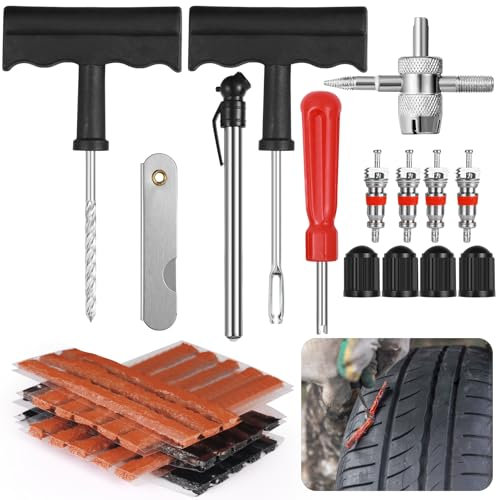 Celepoir 37 Pezzi Kit Riparazione Pneumatici Auto, Kit Riparazione Gomme Auto, Ripara Gomme Autos Set con Manometro, Ripara Gommes Set per Biciclette, Moto, Fuoristrada, Trattori, Camion, SUV