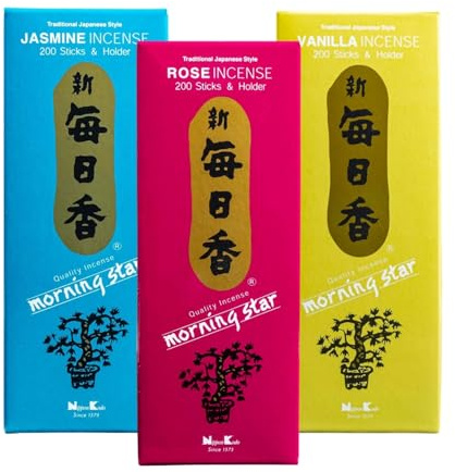 Nippon Kodo Japanische Räucherstäbchen Morning Star Duftset - 3er Set Jasmin, Rose, Vanille - Vorratspack mit je 200 Stäbchen, mit Halter (Verführerische Düfte)