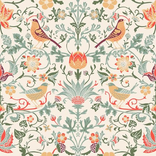 VEELIKE Vintage William Morris Tapete Blumen Beige Boho Fototapete Blumen Vögel Mustertapete 44.5 cm x 300 cm Selbstklebende Tapete Vintage Blumentapete für Schlafzimmer Badezimmer Klebetapete Flur