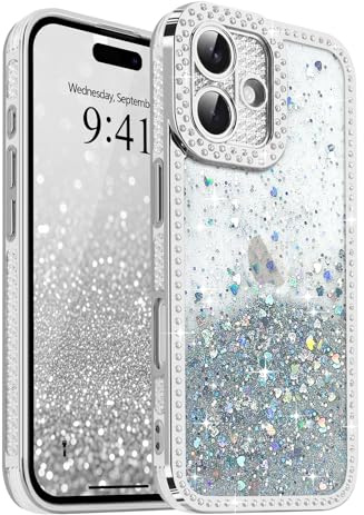 Ethanger Glitter Crystal Rhinestone Case for iPhone 16, Silver | Sparkling Gradient Bling Back, Crystal Diamond Design Cover, Protective Shockproof for Women Girls