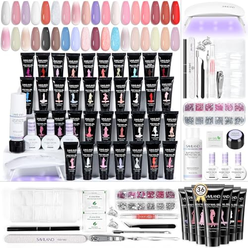 SAVILAND Color Artistry Glow & Go Poly Nail Gel Kit: 36 Transparent Sheer Colors PolyGel Nails Slip Solution & Mini Nail Lamp Nail Kit PolyGel for Netural Look Nail Extensions Strengthen