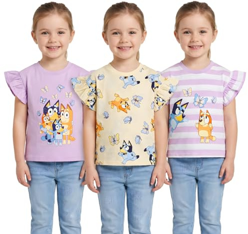 Bluey Paquete de 3 camisetas para niñas | Camisetas de manga corta con volantes | Camisetas 100% algodón | De 18 meses a 8 años