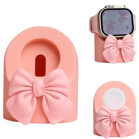 QLD COVER Charger Stand Compatible with Apple Watch Series Ultra2/Ultra/10/9/8/7/6/5/4/3/2/1/SE2/SE, for iWatch Cute 3D Bow Tie Silicone Charging Desk Dock Holder NightStand Mode, Pink Bow