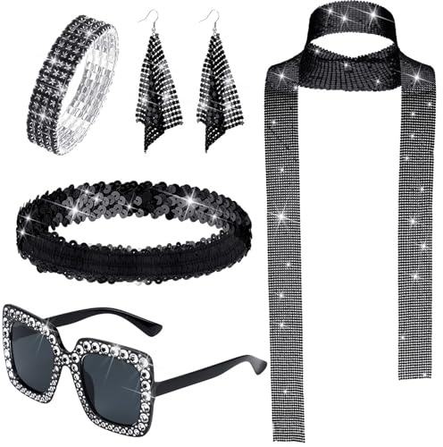 AffeGifts Abba Kostüm Damen 5pcs, Disco Outfit Damen Pailletten Schal Ohrringe, Sonnenbrille Armband und Stirnband Detective Accessories Frauen 70er 80er Jahre Disco Themenparty
