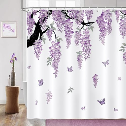 COZZSNUGE Rideau de Douche Fleur Violet, Rideau de Baignoire Fleurs de Glycine Papillon 180 x 180 cm Polyester Imperméable Résistant à la Moisissure 12 Crochets