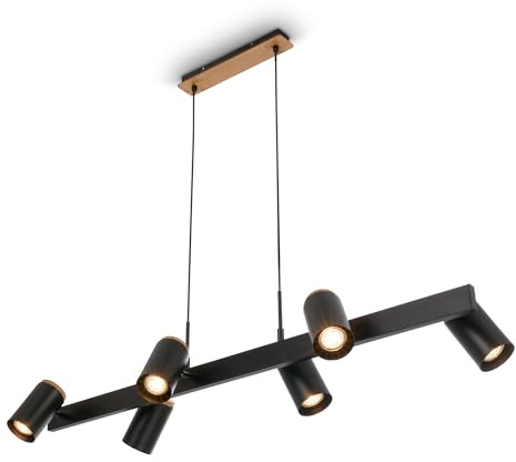 BRILONER - Pendant Light with Spotlight Heads, Adjustable, 6X GU10 Socket, Ceiling Light, Pendant Lights for Kitchen, Dining Room, Hanging lamp, 110 x 24.9 x 120 cm, Black-Wood