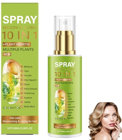 10 in 1 Smooth & Glossy Spray for Frizzy, Dry Hair, Leave in Conditioner Spray, Reduces Hairs Loss, Smooth and Glossy After Use, Volumizing with Natural Shine, For All Hair Type (1pcs)