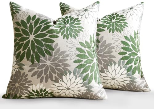 LRartdeco Pillow Case Deko Wohnzimmer Kissenbezug 45x45 Moderne Dahlie Dekorative Kissenhülle 2er Set Pillow Cover Grün und Grau Sofakissen Für Wohnzimmer Schlafzimmer Bauernhaus Dekoration Sofa